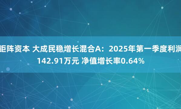 钜阵资本 大成民稳增长混合A：2025年第一季度利润142.91万元 净值增长率0.64%